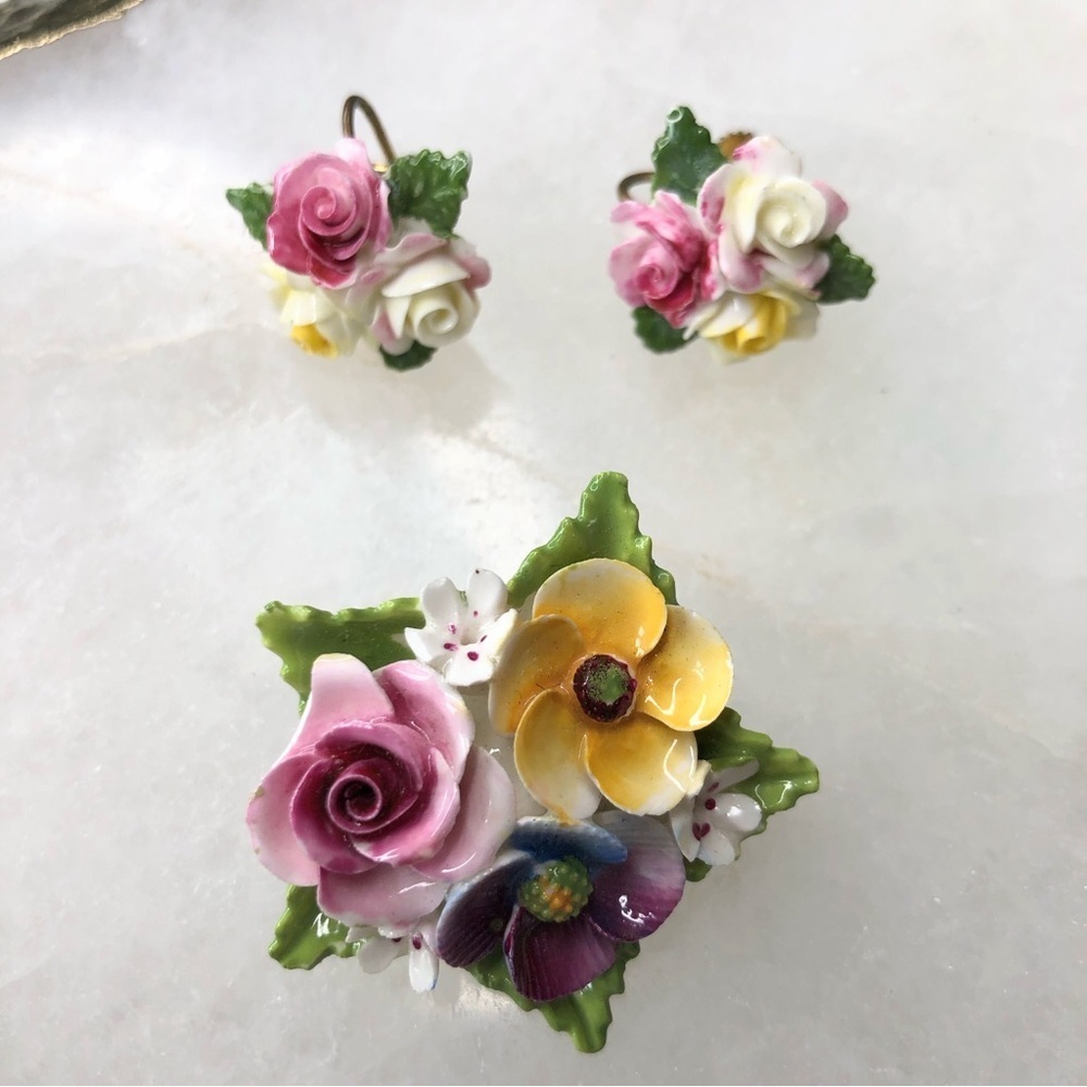Vintage Made In France Signed 2 pc Earrings & Brooch Porcelain Flower Set